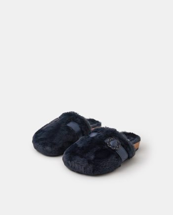 Sparkle Buckle Faux Fur Slippers Blue