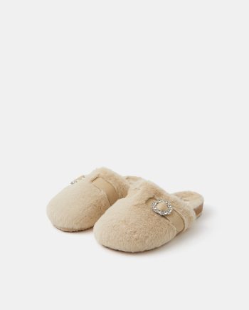 SPARKLE BUCKLE FAUX FUR SLIPPERS NATURAL