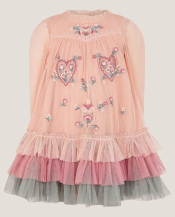 Baby Floral Embroidered Tulle Tiered Dress Pink