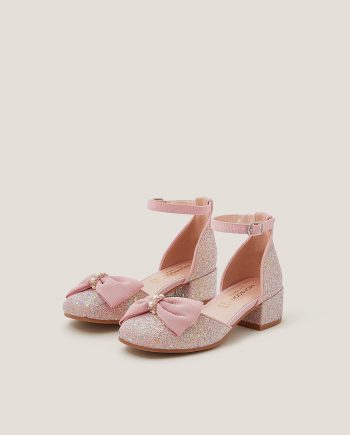 Bow Glitter Chunky Heels Pink