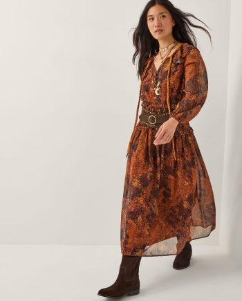 Synthia Snake Print Smocked Midi Dress Yellow