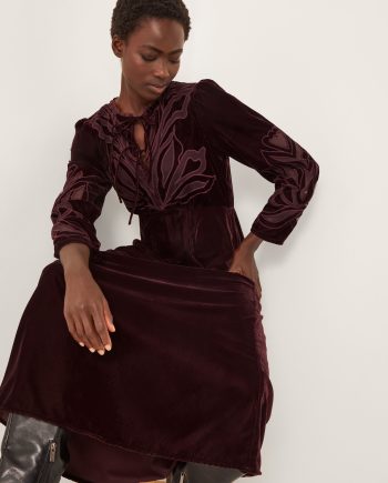Ezra Embroidered Velvet Midi Dress Purple