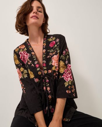 Maggie Tie-Front Embroidered Kimono Black