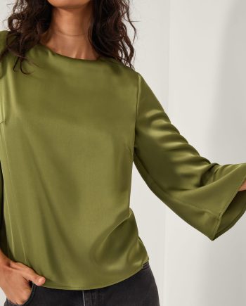 Ingrid Bell Sleeve Satin Blouse Green