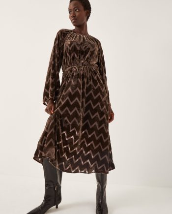 Keisha Geometric Velvet Midi Dress Brown