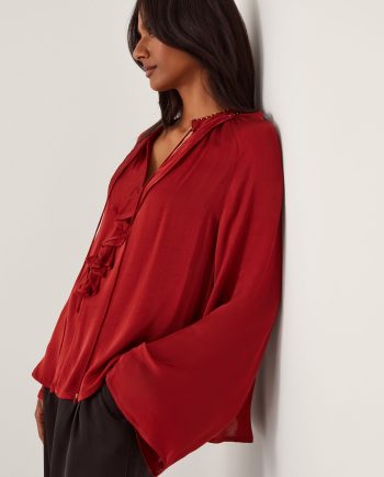 Arlette V-Neck Frill Satin Blouse Red