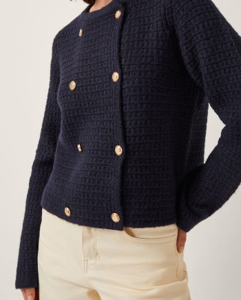 Skye Double-Breasted Waffle Knit Cardigan Blue