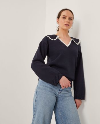 Clay Collar V-Neck Jumper Blue