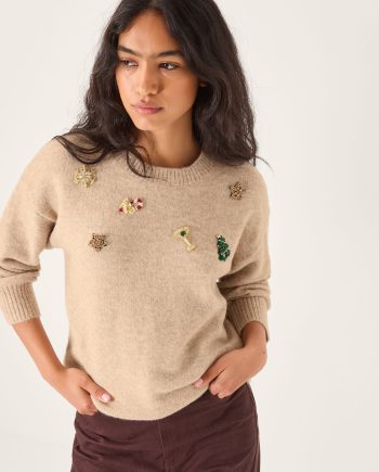 Edie Embroidered Christmas Jumper Camel