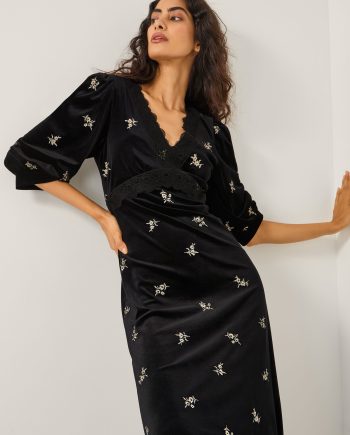 Erin Floral Lace Velvet Midi Dress Black