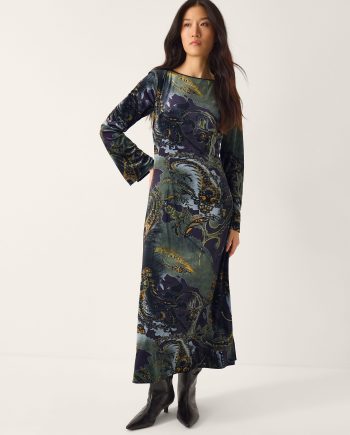Delta Print Velvet Jersey Midi Dress Black