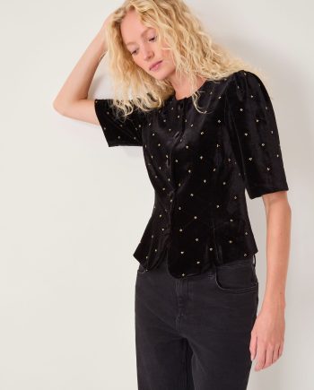 Emma Embellished Velvet Button Top Black