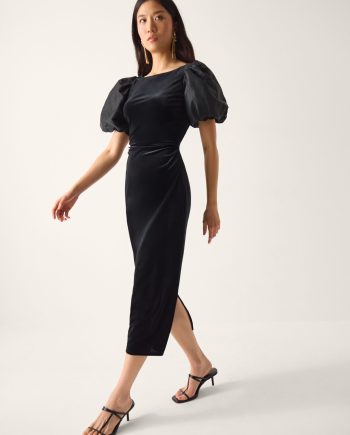 Sadie Puff Sleeve Velvet Midi Dress Black