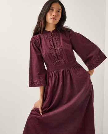 Jimena Embroidered Corduroy Midi Dress Red