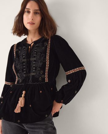 Noni Embroidered Velvet Long Sleeve Top Black