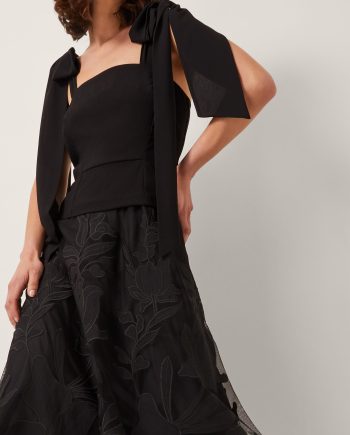 Briana Tie Floral Appliqué Midi Dress Black