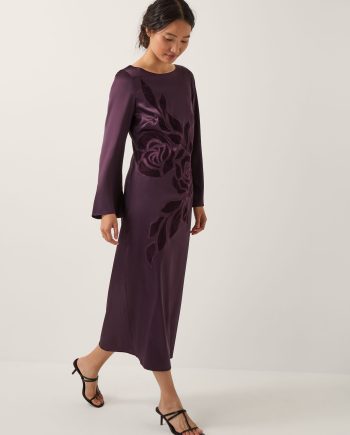Callie Floral Satin Long Sleeve Midi Dress Purple