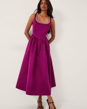 Saira Embellished Sleeveless Satin Midi Dress Pink