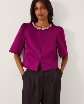 Saira Embellished Short Sleeve Satin Jacket Pink