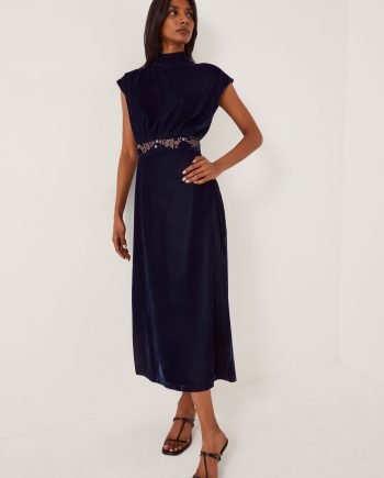 Grace High Neck Embroidered Velvet Midi Dress Blue