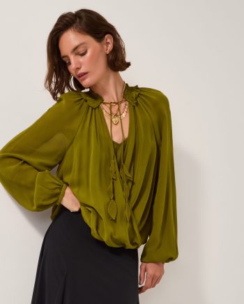 Ellie Frill Neck Wrap Blouse Green