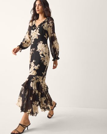 Rowena Floral Print Ruffle Maxi Dress Black