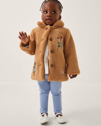 Baby Floral Embroidered Faux Shearling Coat Camel