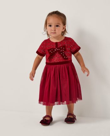 Baby Tweed Bow Disco Dress Red