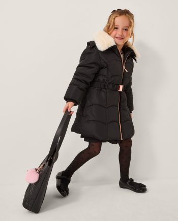 Fluffy Collar Belted Puffer Coat Black