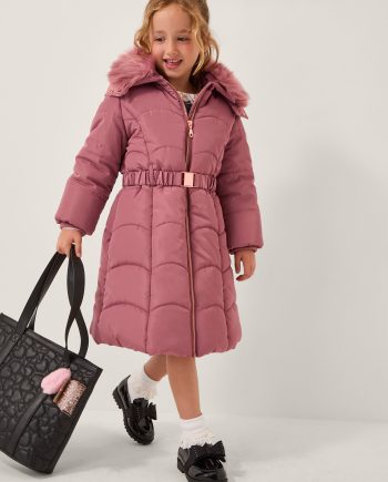 Belted Scallop Puffer Coat Pink