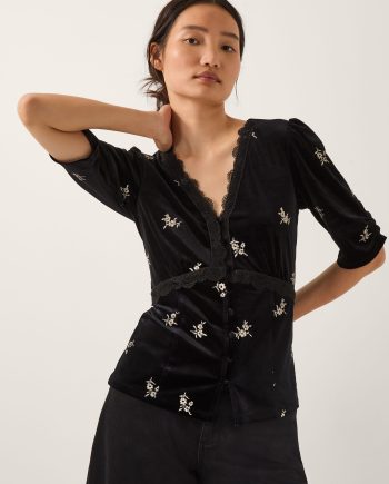 Erin Floral Lace Velvet Top Black
