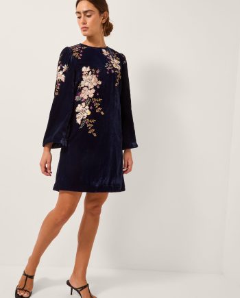 Fallon Floral Embroidered Velvet Mini Dress Blue