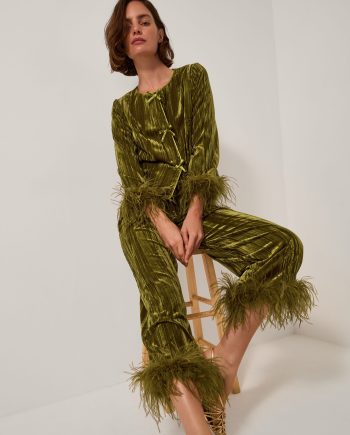 Olivia Feather Cuff Velvet Trousers Green