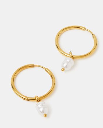 14CT GOLD-PLATED STAINLESS STEEL PEARL HOOP EARRINGS
