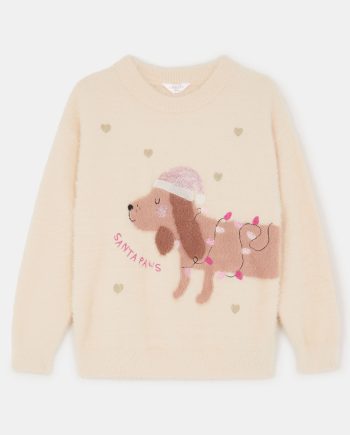 GIRLS FLUFFY DOG CHRISTMAS JUMPER IVORY