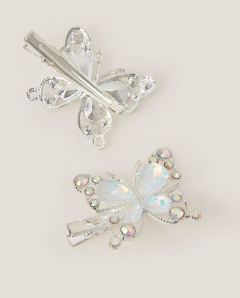 2-Pack Gemstone Butterfly Hair Clips Silver