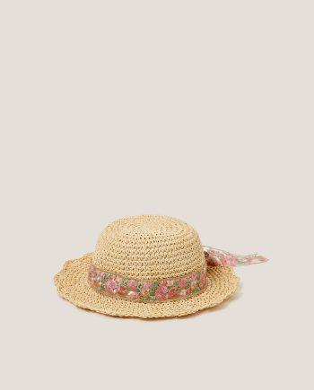 Floral Bow Straw Bucket Hat Pink