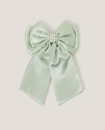 Long Pearl Satin Bow Hair Clip Green