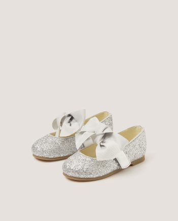 Glitter Bow Mary Jane Ballet Flats Silver