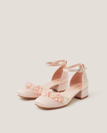 Flower Embellished Closed Toe Heels Pink