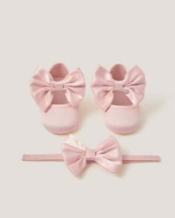 Baby Satin Bow Headband & Booties Set Pink