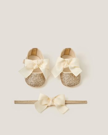 Baby Bow Glitter Headband & Booties Set Gold