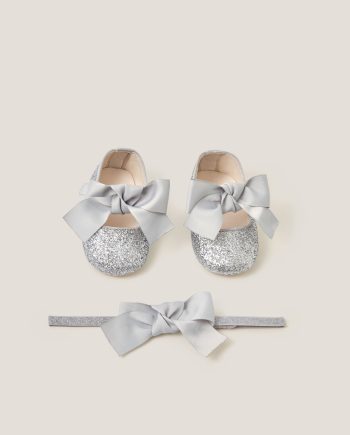 Baby Bow Glitter Headband & Booties Set Silver