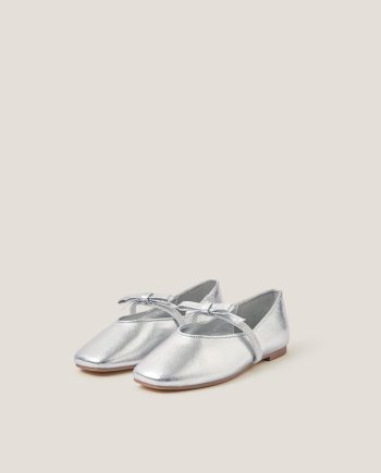 Bow Strap Metallic Ballet Flats Silver