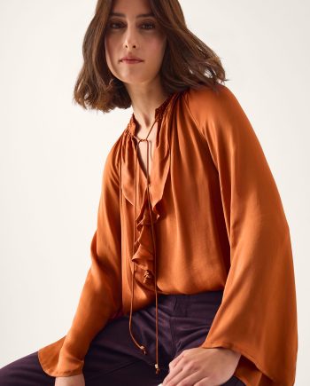 Arlette V-Neck Frill Satin Blouse Copper