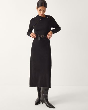 Cate Button Collar Midi Jumper Dress Black