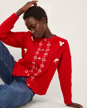 Evie Bow Cable Knit Cardigan Red