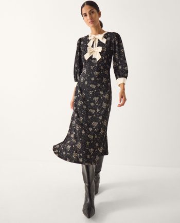 Dotty Bow Floral Jersey Midi Dress Black
