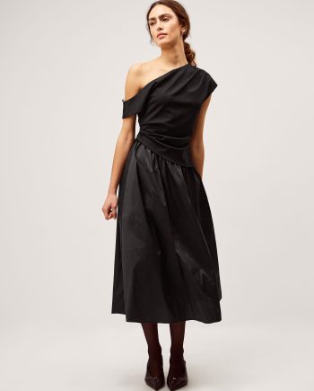 Tilly Asymmetrical Shoulder Midi Dress Black