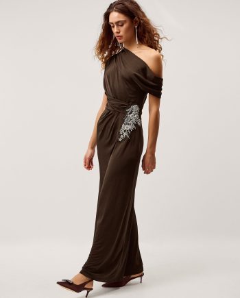 Trina Asymmetrical Embellished Jersey Maxi Dress Brown